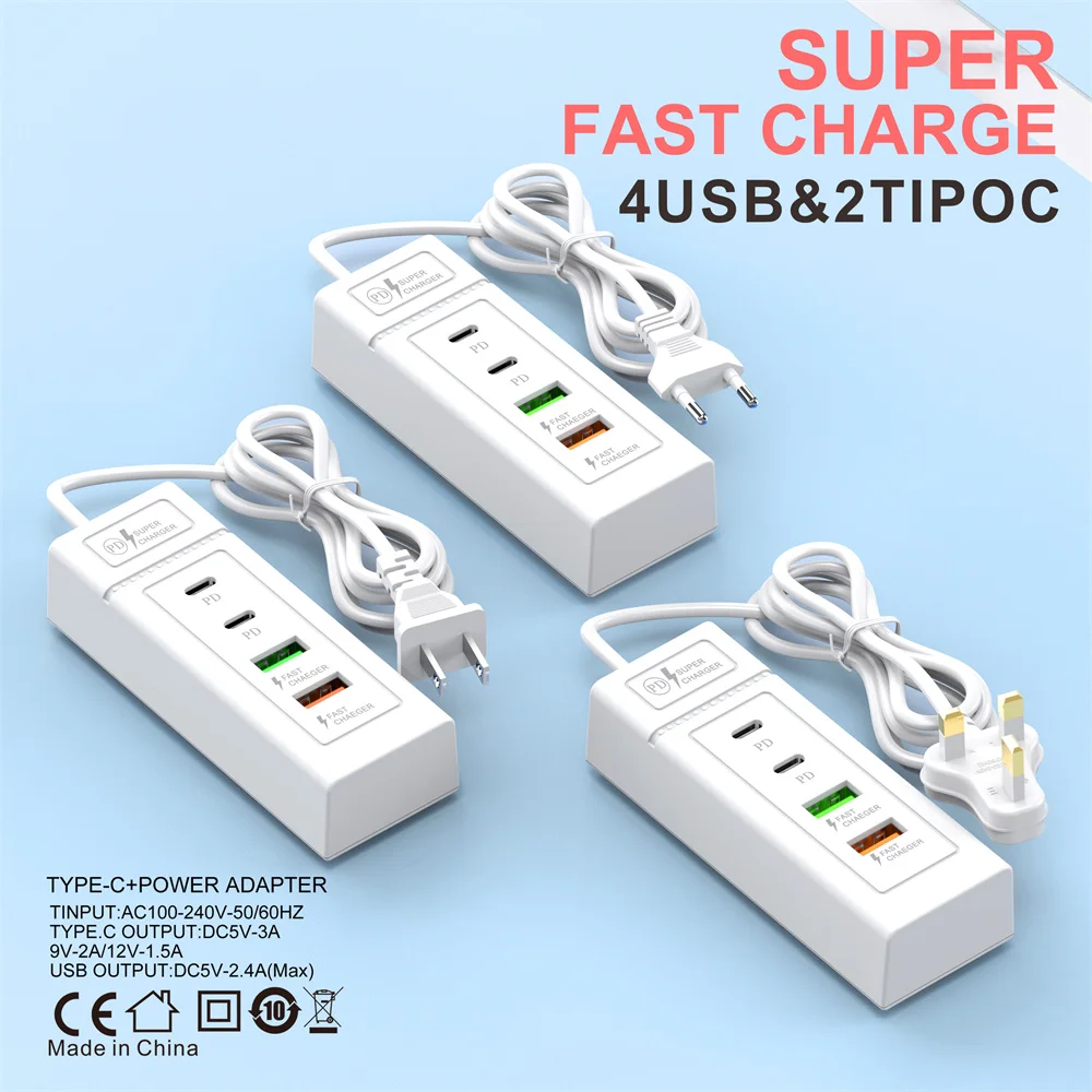 4 في 1 متعدد الوظائف USB PD الفاصل 4 منافذ USB نوع C شحن سريع شاحن سريع QC3.0 مقبس الطاقة محول الحائط