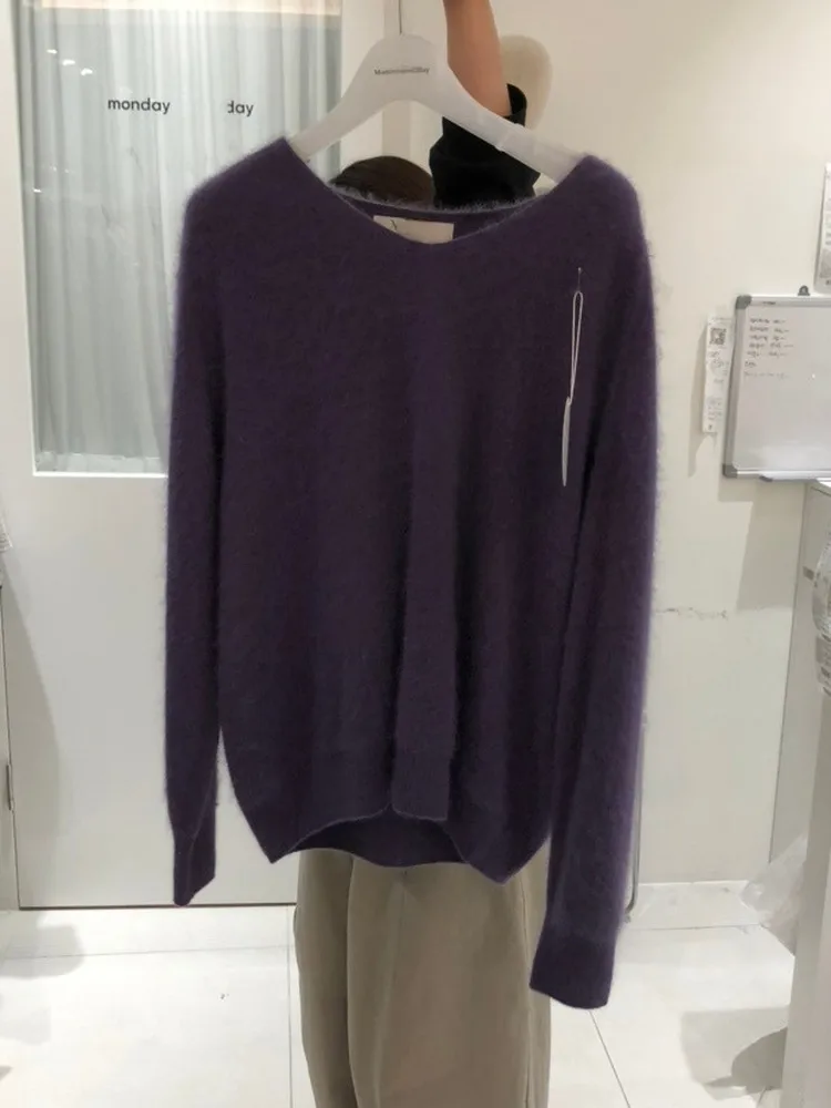 Suéter feminino de malha de lã macia V-Ne, suéter pesado de luxo Fce V-Ne Camere outono inverno roupa confortável