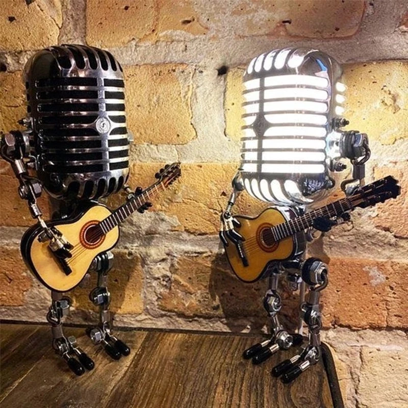 

NEW Retro Metal Microphone Robot LED Table Lamp for Home Desktop Bar Bedside Lamp Party Ornament Crafts Creative Birthday Gift