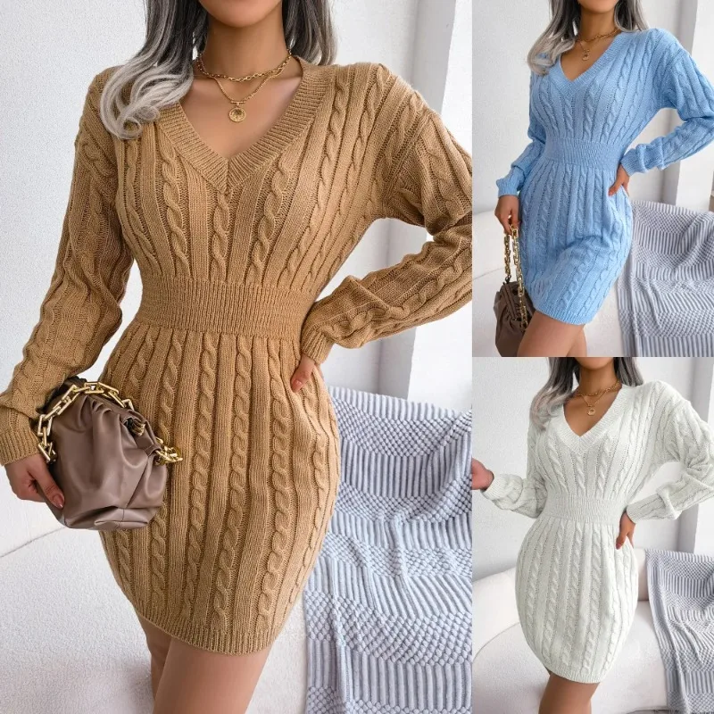

2025 Women's Autumn Winter Knitted Sweater Dress Solid Color V-neck Long-sleeved Twist Waist Casual Hip-covering Sweater Dress