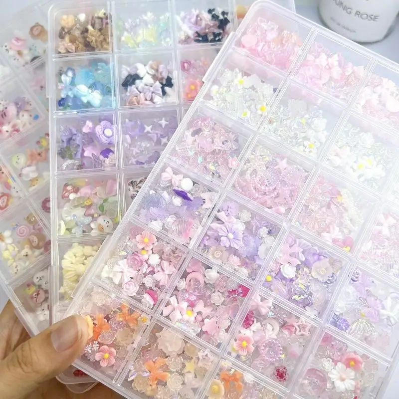 1 صندوق عشوائي مختلط الألوان الزهور الانحناء مسمار السحر الكرتون السجق الفم لطيف أرنب خنزير الراتنج مسمار الفن زينة DIY بها بنفسك مسمار