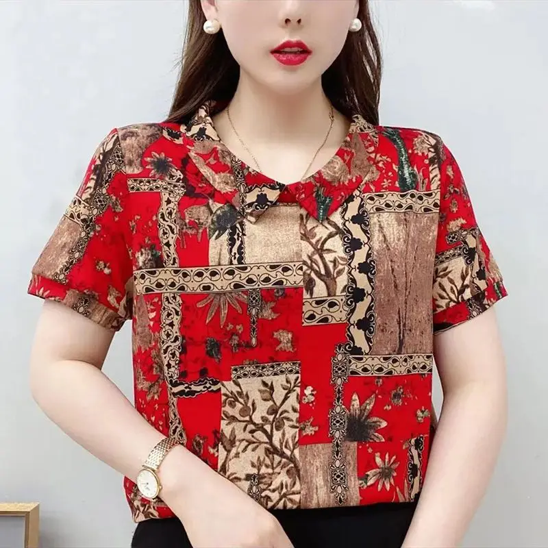 2023 New Stylish Peter Pan Collar Blouse Summer Vintage Printed Folk Female Clothing Short Sleeve Patchwork Commute Loose Shirt