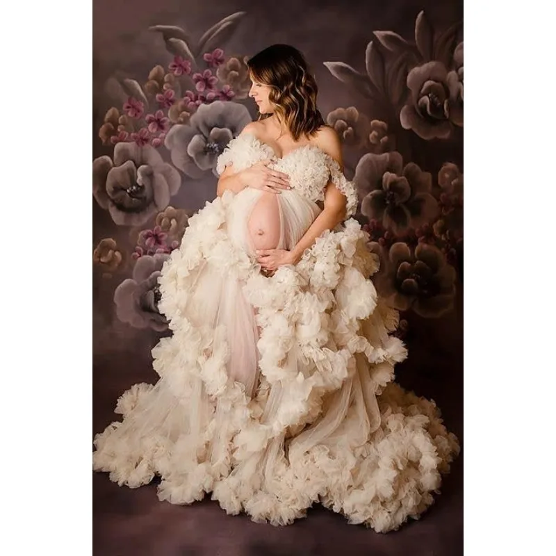 Elegant Bridal Tulle Maternity Dress - Puffy Ruffles, Sheer Mesh, Perfect for Pregnancy Photoshoot & Baby Shower