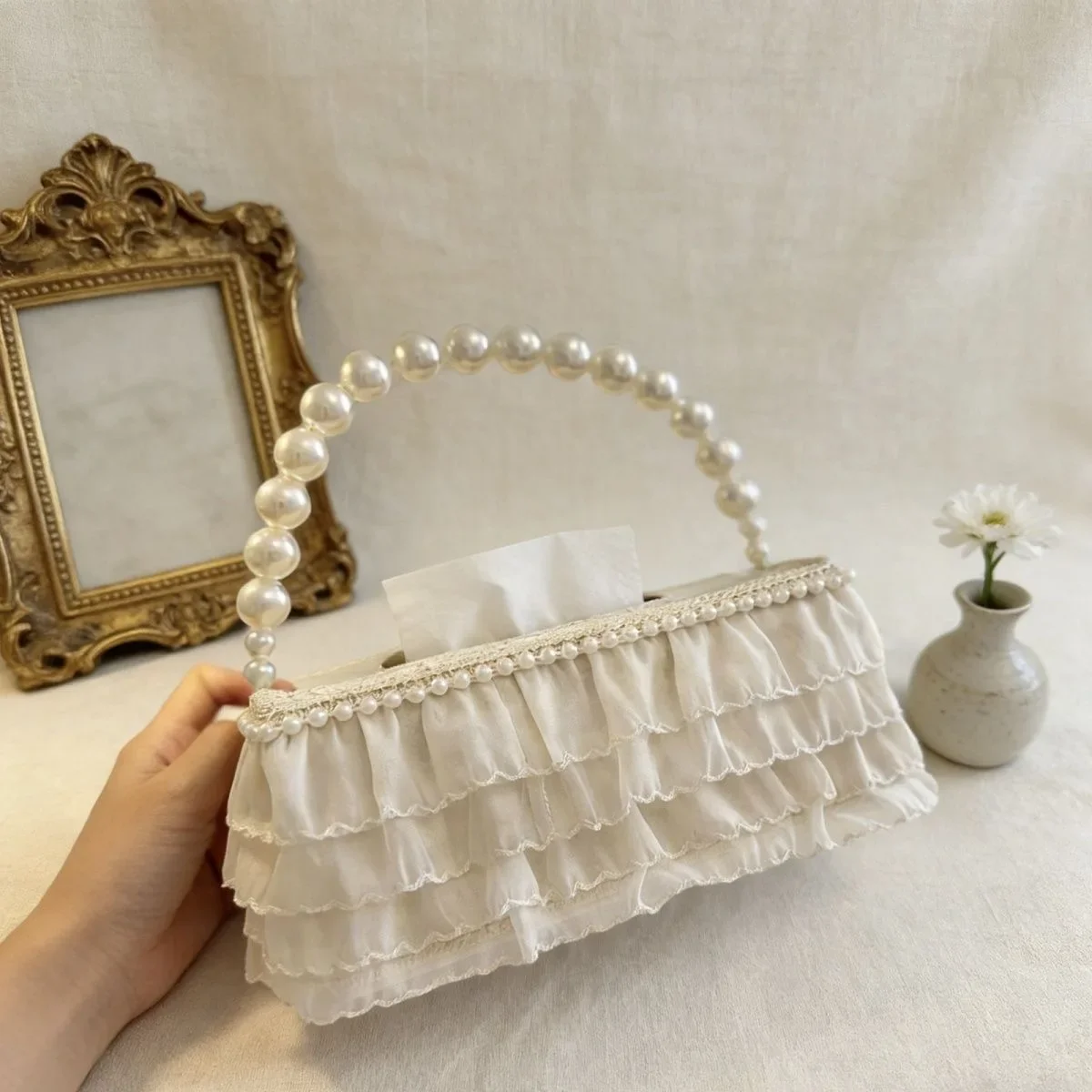 French Style Tissue Box Multi-Layer Lace Bow Pearl Room Decoration Home Decoration Embroidery Tissue Beige Storage Box
