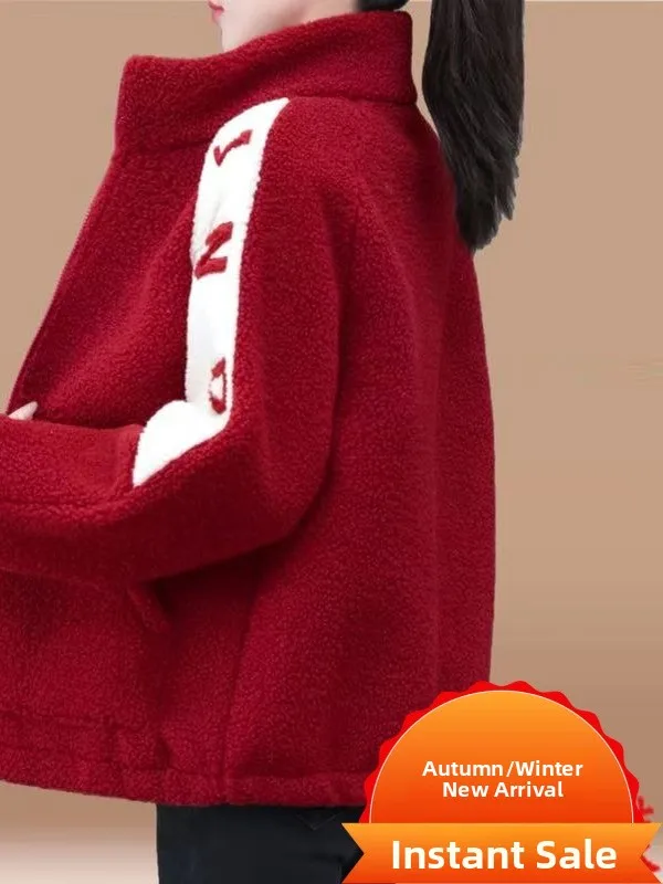 

High Collar Thickened Lamb Velvet Cotton Jacket Winter Warm Embroidered Letter Casual Outerwear for plus Size Women