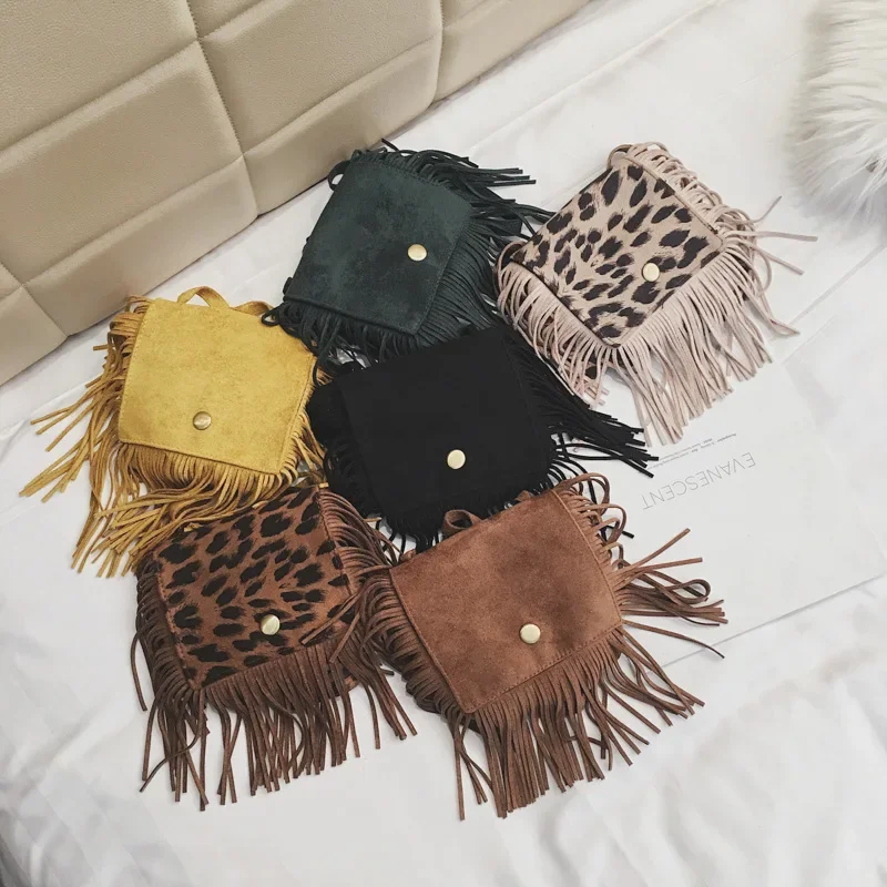 Korean autumn minimalist and fashionable retro tassel bag Solid leopard print suede children shoulder crossbody bag