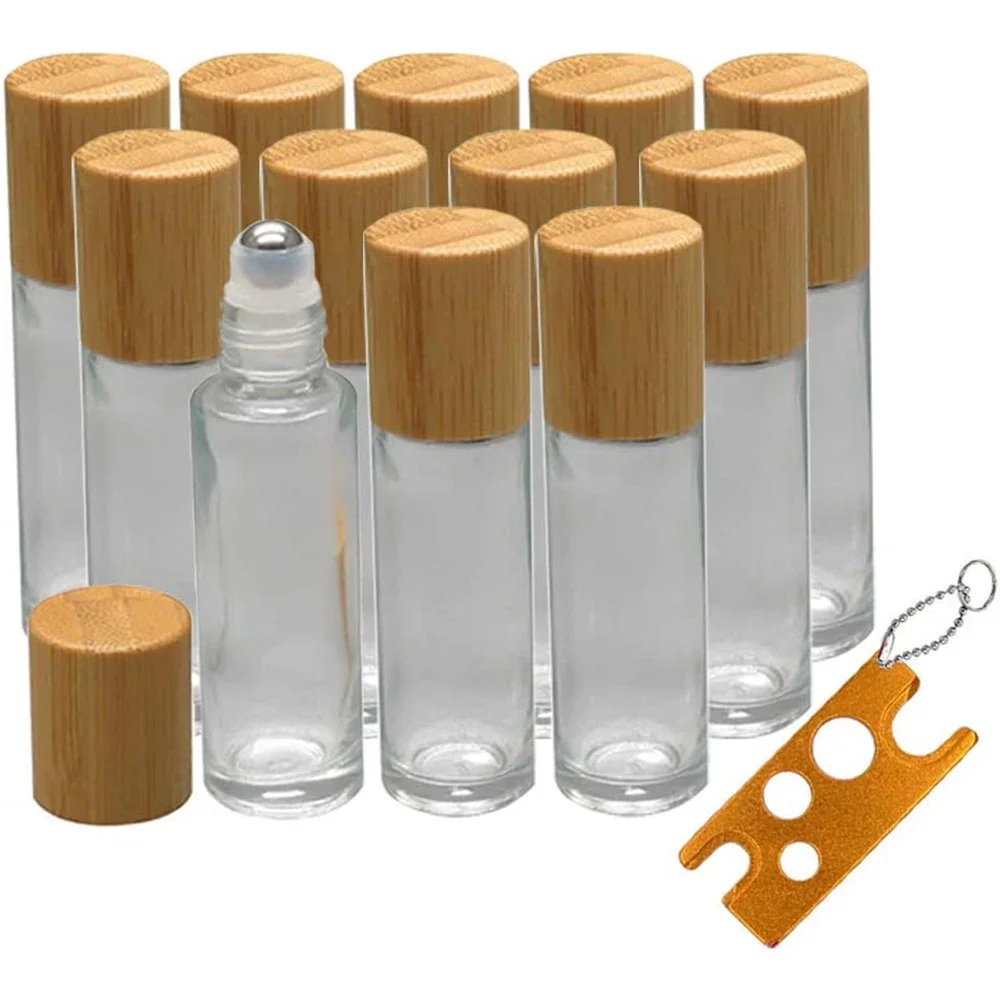 12Pcs 10ml Glass Roll on Bottle with Bamboo Lid for Essential Oils Refillable Perfume Bottles with Stainless Steel Roller Ball