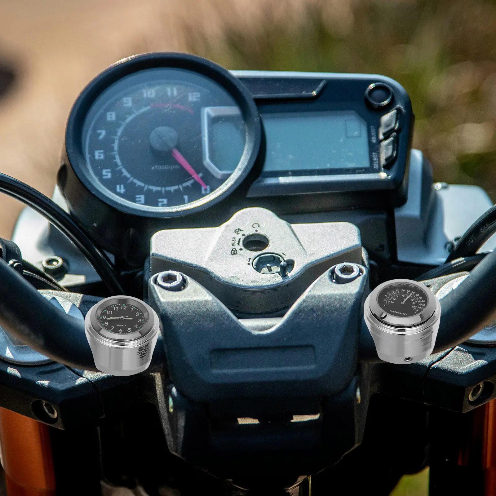 2Pcs Motorcycle Clock Thermometer Set Aluminum Alloy Waterproof Handlebar Dial Fit 22-25Mm for