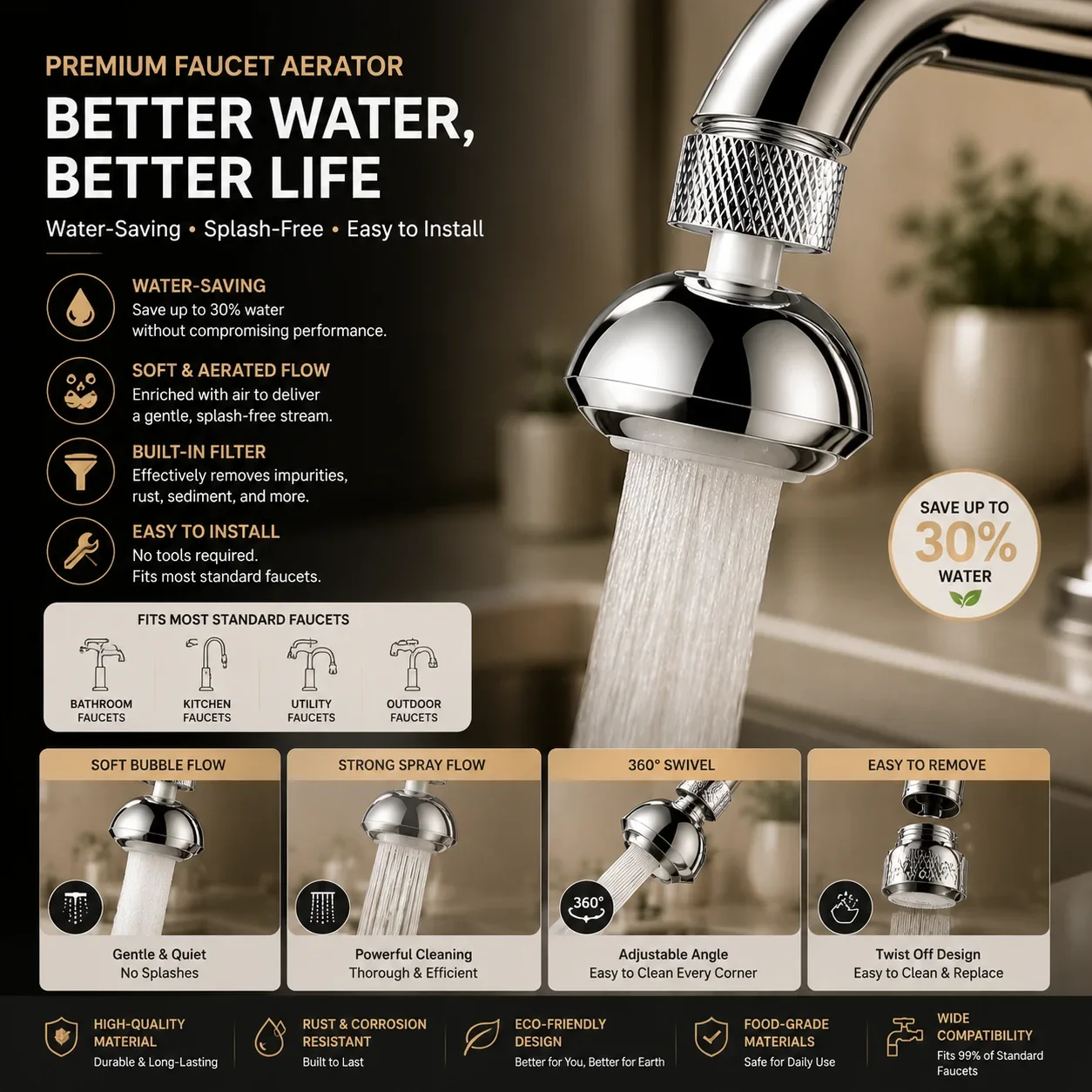 Premium Disc Shape Faucet Aerator, Pressurized Anti-Splash Rotating Tap Extender Soft Foam Bubbler Sprayer for Kitchen