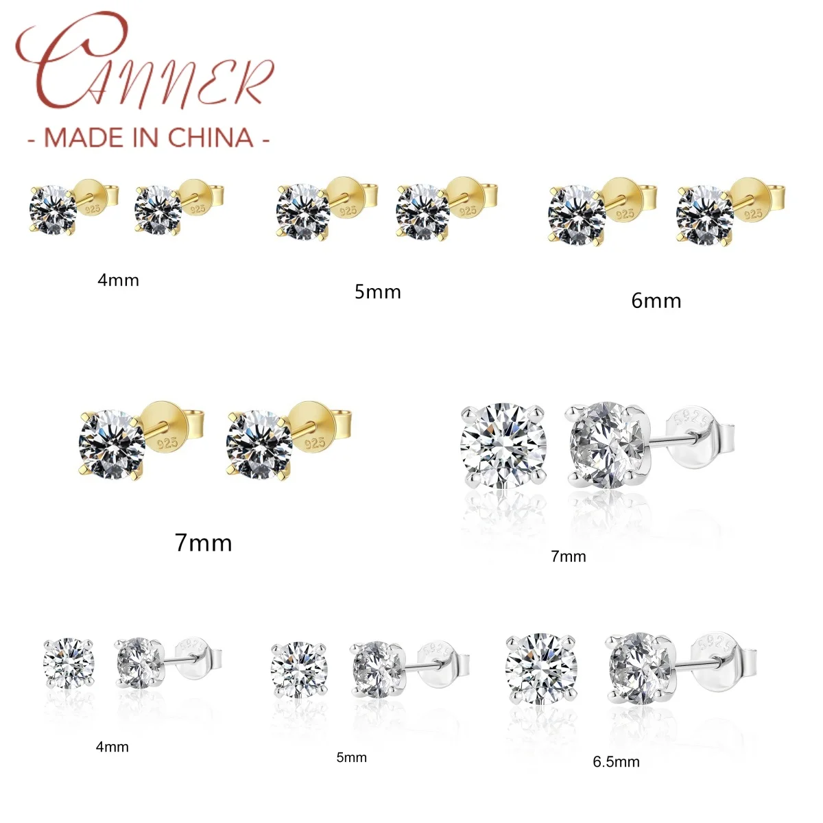 

CANNER 0.25-1.2Ct 925 Silver Multi Sized Sparkling Moissanite Stud Earrings For Women Temperament High-Quality Fine Jewelry