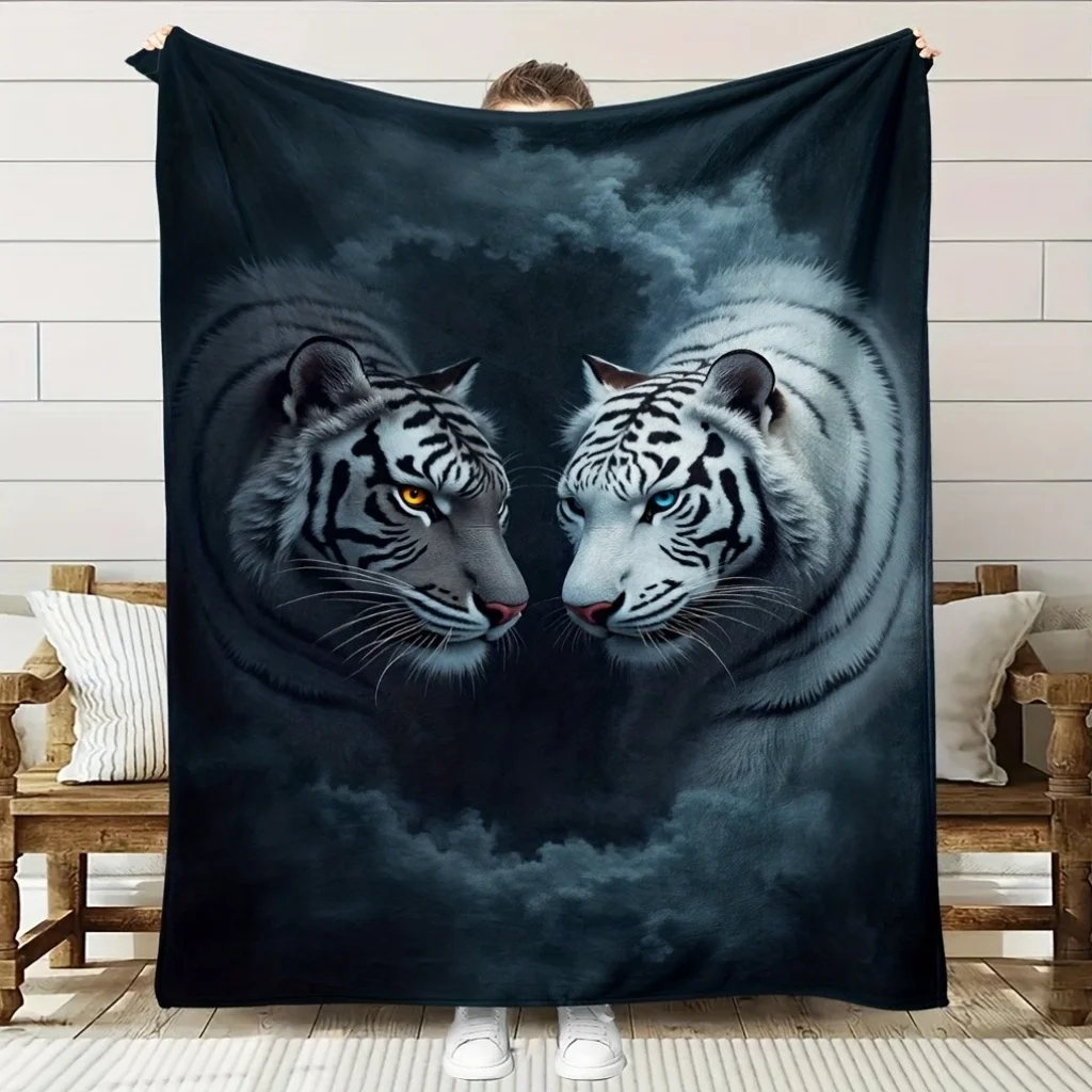 

White tiger pattern Flannel printed blanket suitable for all seasons suitable for living room office sofa and travel 180x250CM