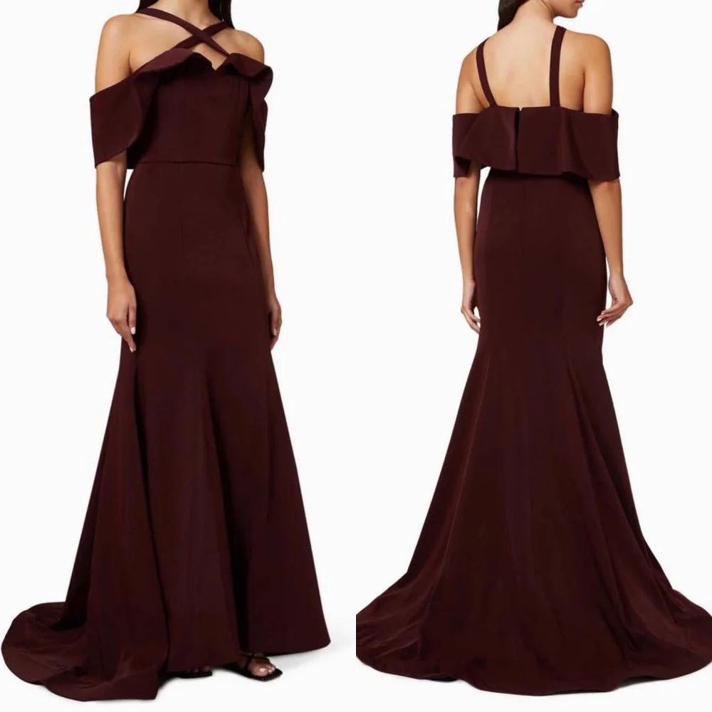 

Customized Modern Style Sizes Available Jersey Pleat A-line Off-the-shoulder Halter Long Dresses Bespoke Occasion Dresses Casual