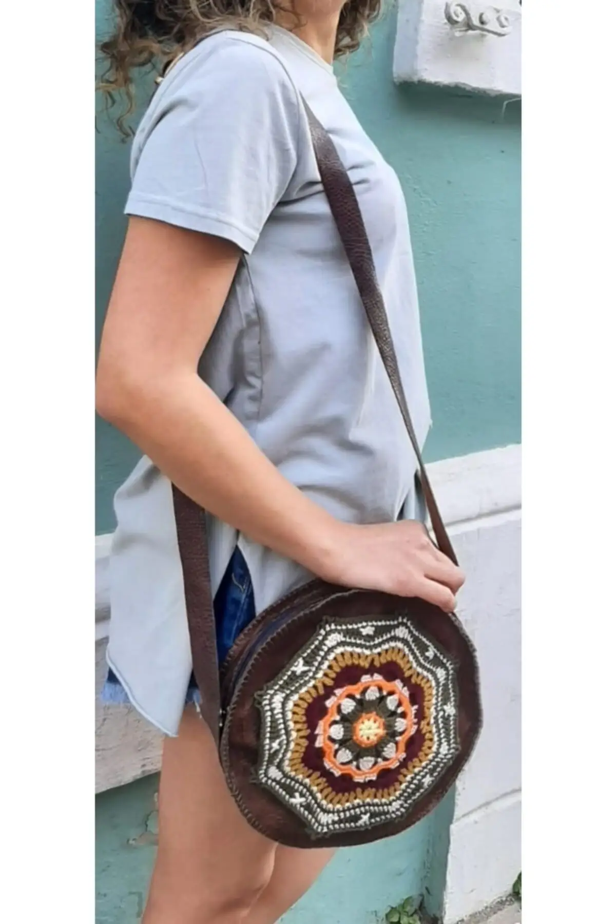 Uras Handmade Front Mesh Mandala Detailed Leather Shoulder Bag-Brown Women bag Shoulder Bag Handmade