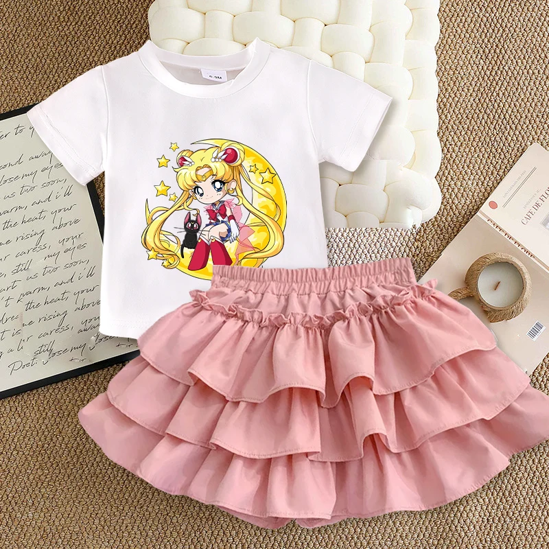 Милый-комплект-одежды-для-девочек-футболка-шорты-и-юбка-с-принтом-«Сейлор-Мун»-розовая-многоярусная-юбка-с-круглым-вырезом-подарок-на-день-рождения