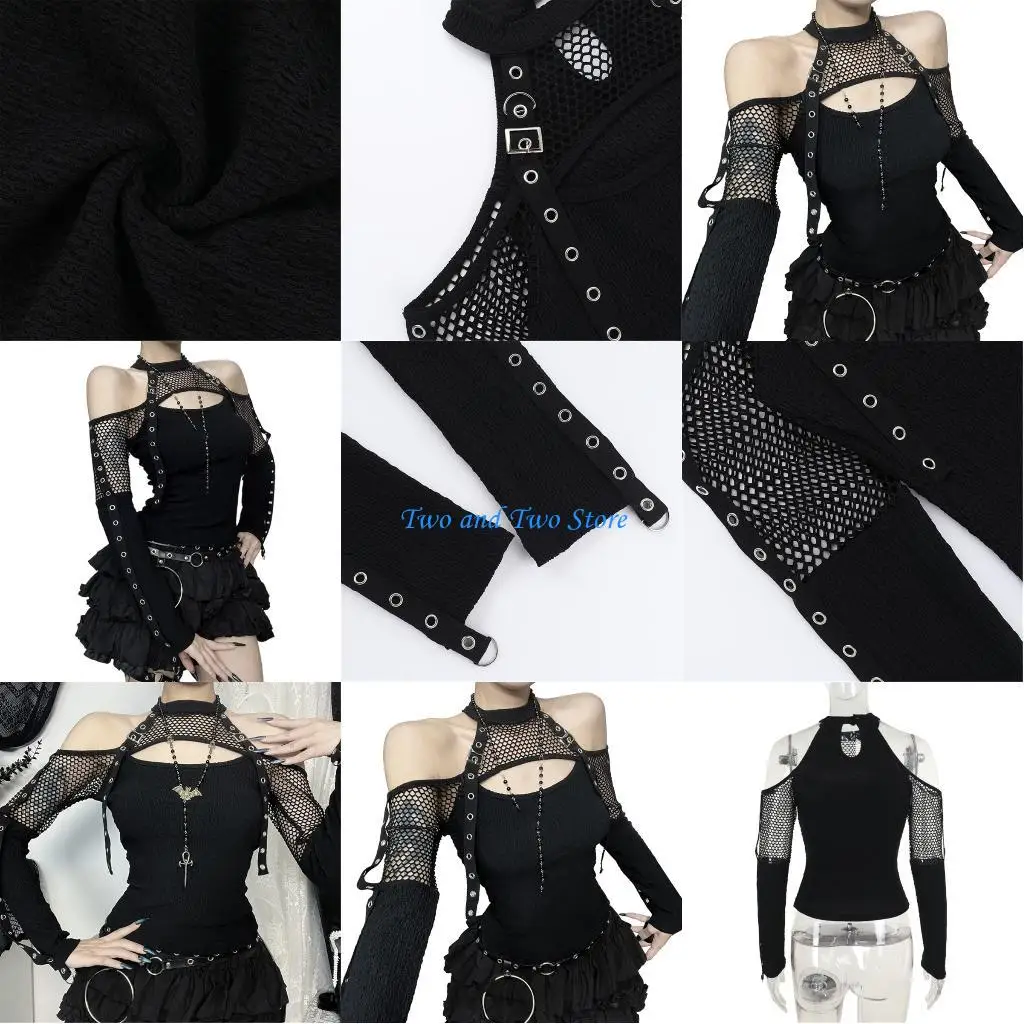 

HX6F Dark Gothic Punk Women's Blouse with Cold Shoulder Shirt for Club
