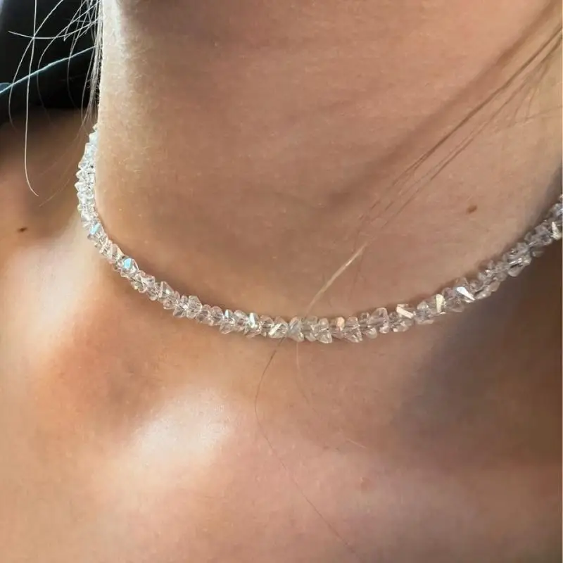 Beaded Choker Necklace Clear Transparent Irregular Crystal Korean Fashion Collarbone Chain for Wedding Guest Wear