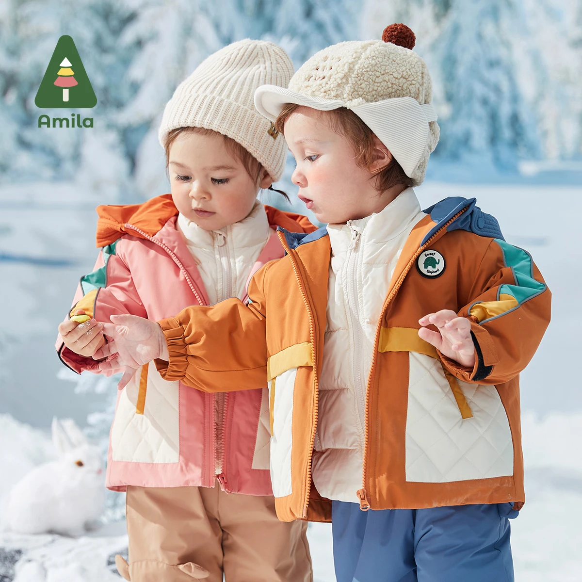 Amila-Doudoune à capuche pour bébé, pardessus chaud, patchwork de mode, 3 en 1 avec poches, vêtements pour enfants, garçons et filles, hiver 2024, nouveau