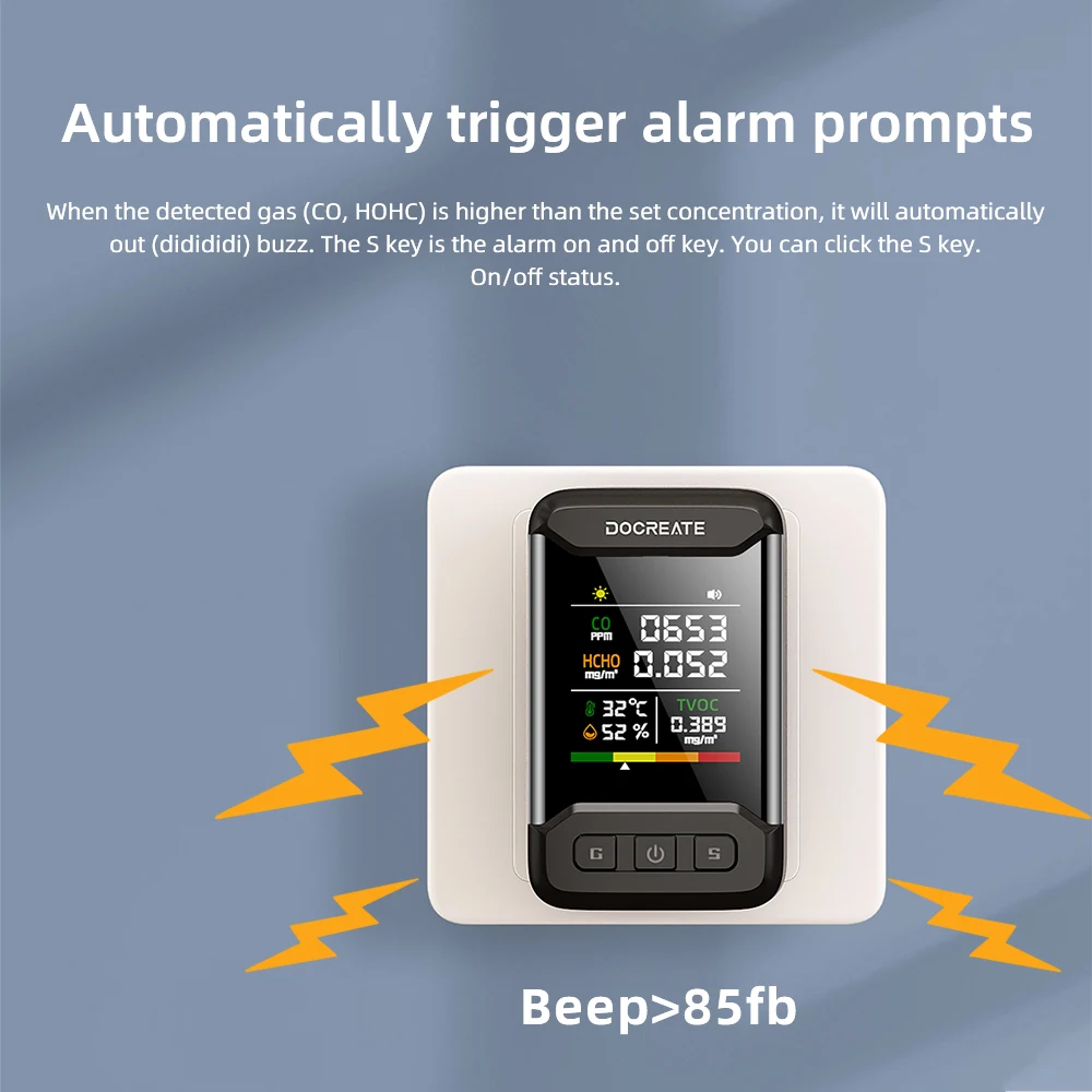Docreate 849A كاشف ثاني أكسيد الكربون أول أكسيد الكربون، ومركبات العضوية المتطايرة ومستشعر HCHO، ومراقبة درجة الحرارة والرطوبة، وميزة التنبيه - قابس الاتحاد الأوروبي/الولايات المتحدة