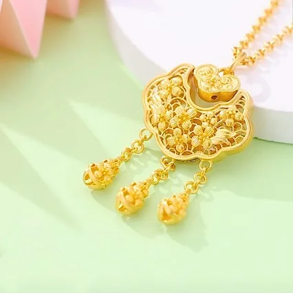 

New ancient AU999 gold longevity lock osmanthus Ruyi lock tassel pendant peace lock 24k pure gold necklace pendant female