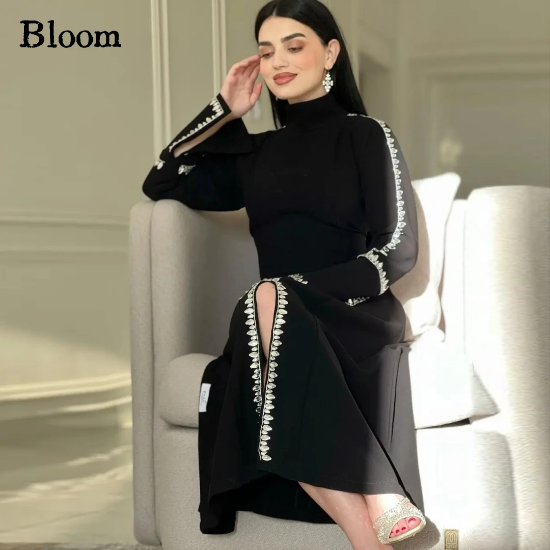 Bloom High Neck schwarze Abendkleider für Prom Hand beads lange Ärmel Seite geteilt formelle Kleid Feier Hochzeits feier Kleid