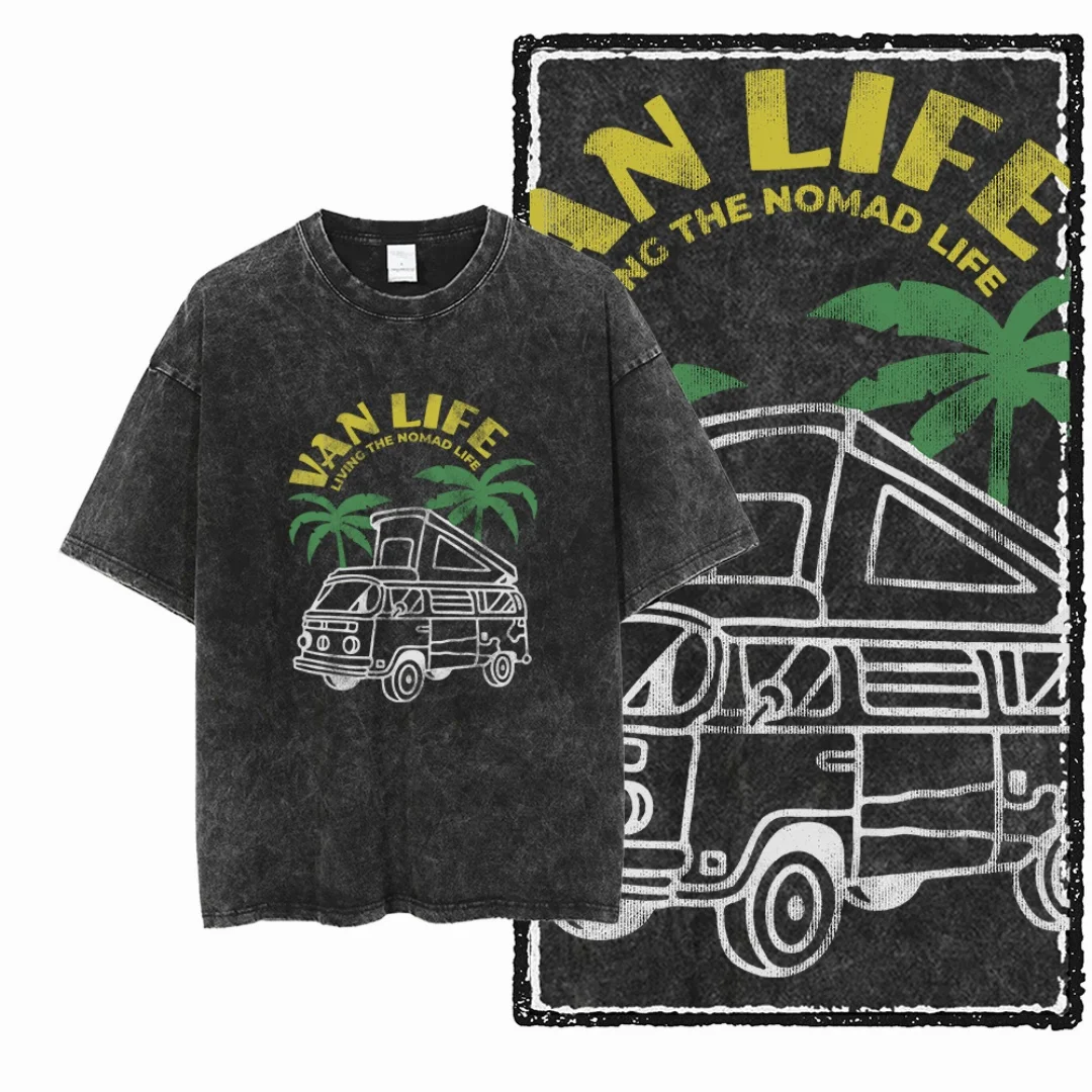 

Vintage Washed Camper Van Palm Tree Graphic Van Men T-shirt Oversized Black Casual Women's Tshirt Wanderlust Streetwear Tee
