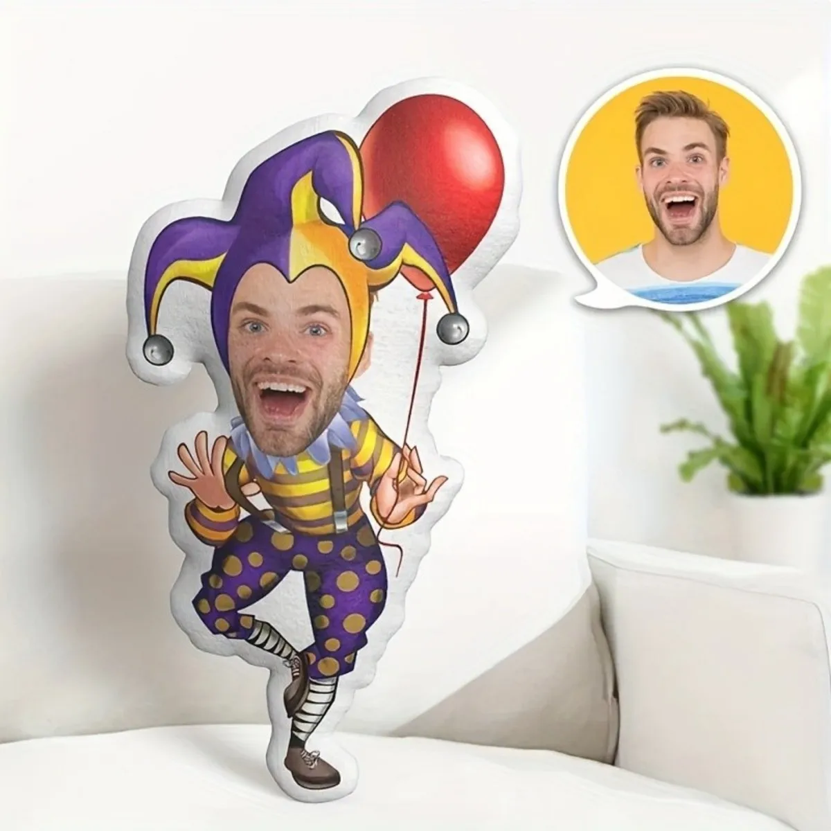 Maßgeschneidertes Porträt mit magischem Clown-Gesicht, doppelseitig bedrucktes Dekokissen, ideales Geschenk für Geburtstags- oder Festivalfeier