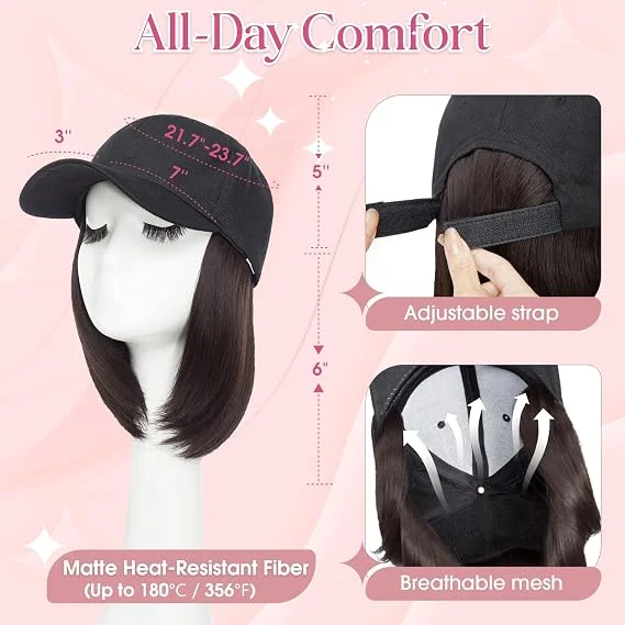 Wig, Baseball Cap with Hair Attached for Women, Adjustable Hat Wig with Heat Resistant Synthetic, 6 Inch, Baseball Cap with Hair