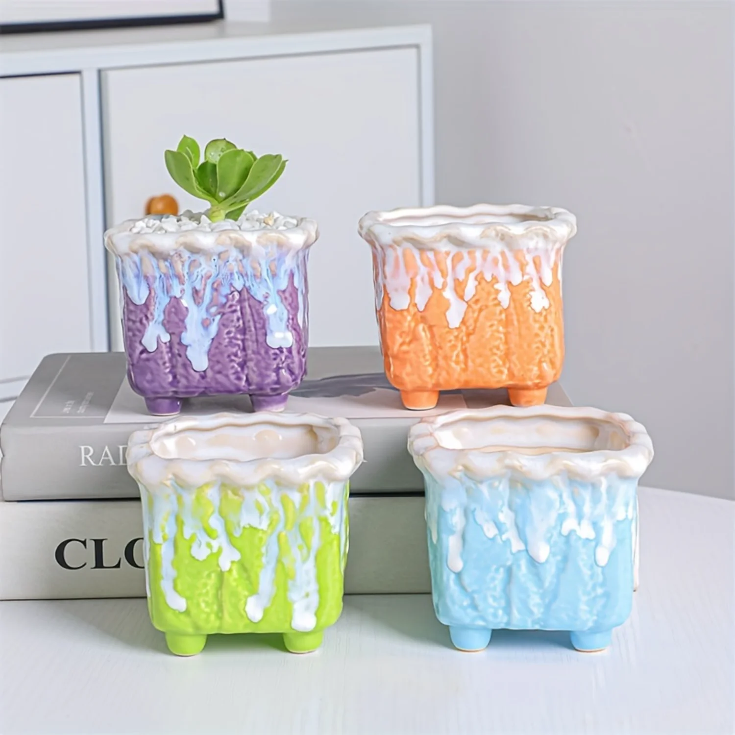 4pcs Square Glaze Ceramic Succulent Flower Pots with Drainage Hole - Office Desktop Decor (Plants Not Included)