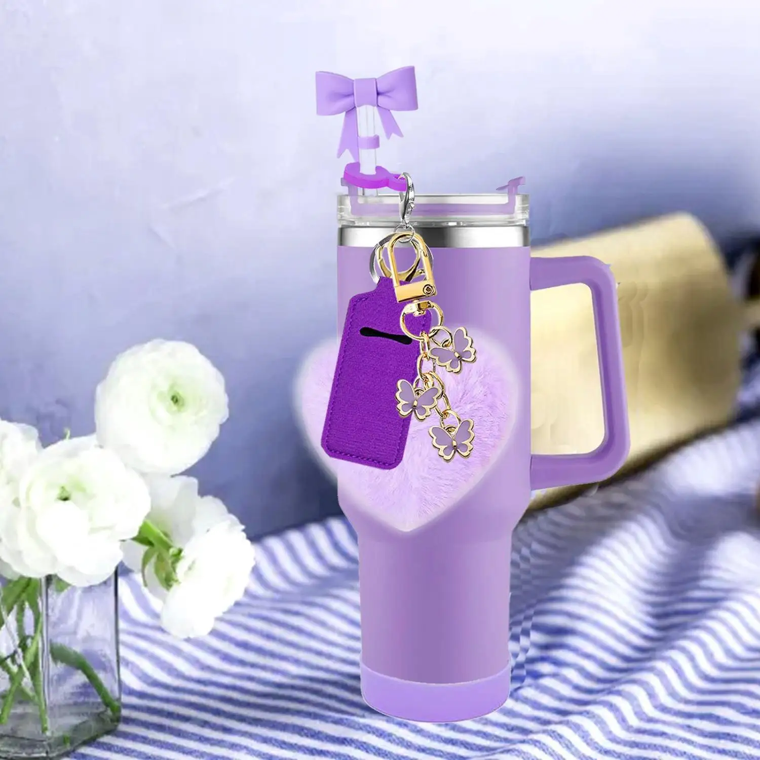 For Stanley Accessory Set with Silicone Sleeve Plush Heart Keychain Butterfly Pendant Bow Straw Topper for Beverage Insula view 3