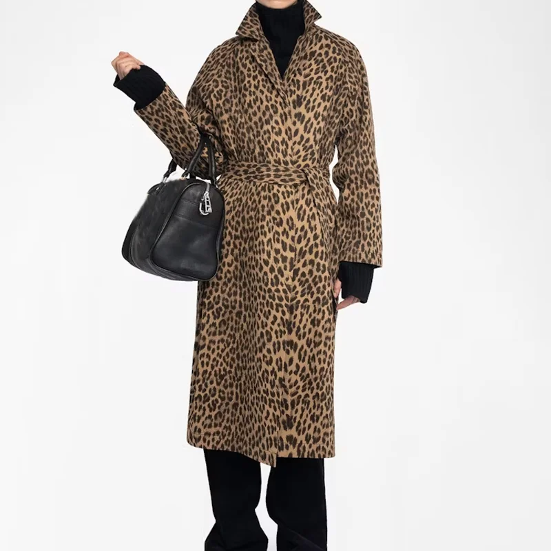 

Leopard Print Trench Coat Women Lapel Oversized Jacket Wing Embroidered Long Jackets Zadig Female Coats Casual Button Belted Top