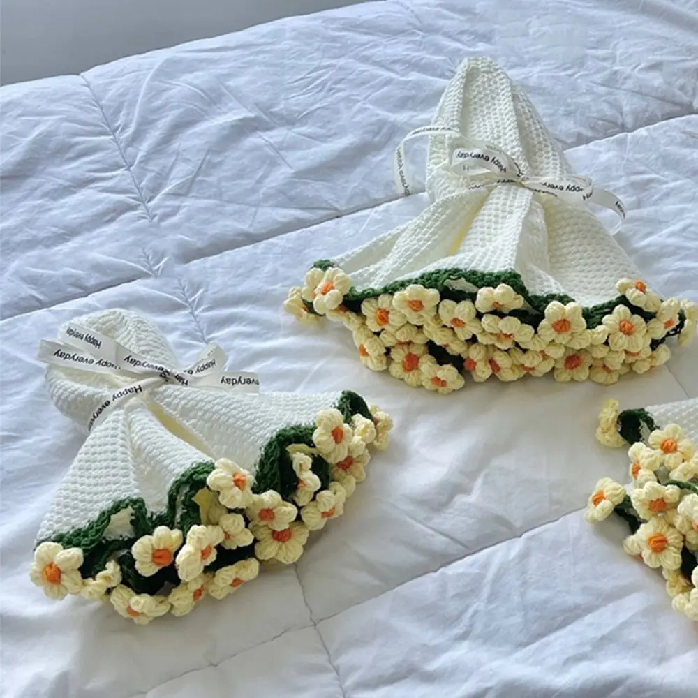 Crochet Rose Bouquet Blanket Sunflower Carnation Fashion Artificial Knitted Blanket Finished DIY Craft Flower Bouquet Blanket