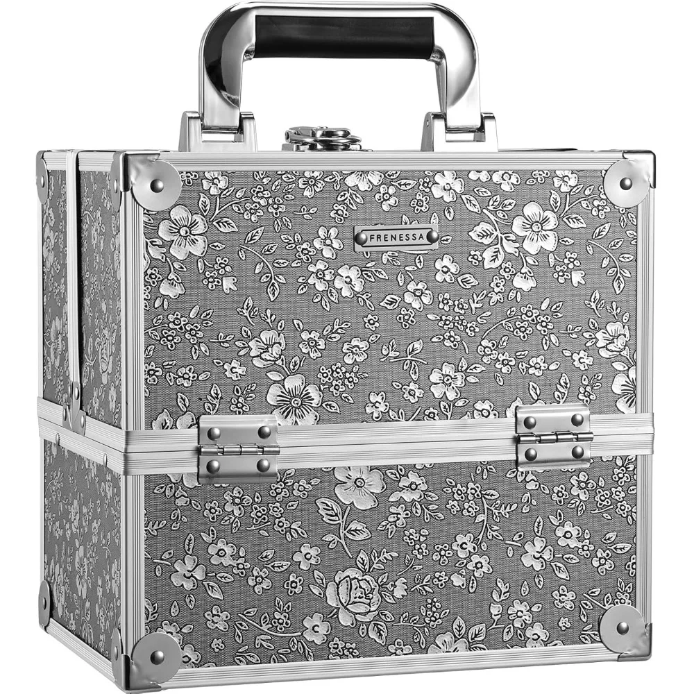 

Portable Lockable Hard Makeup Case with 4 Trays and Dividers, Silver Floral Design for Travel Storage