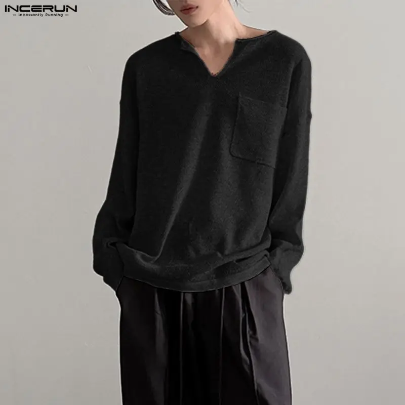 INCERUN الرجال تي شيرت بلون الخامس الرقبة طويلة الأكمام عادية الذكور المحملة القمم الشارع الشهير 2025 فضفاض الكورية نمط موضة الرجال الملابس