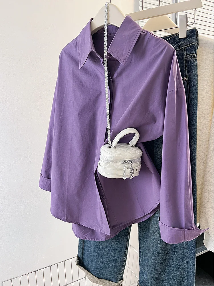 

Minimalist Loose Women's Long Sleeve Shirt Purple Series Korean Style Net Version Inner Wear Shirt Thin Polyester Fabric