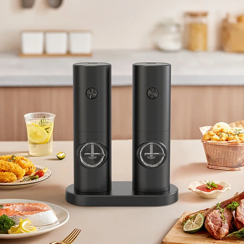 

Rechargeable Electric Salt & Pepper Grinder Set - Adjustable Coarseness, LED Light, One-Hand Operation, Stainless Steel Blades,