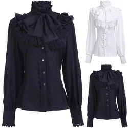 New Vintage Ruched Lace Shirts And Blouses Gothic Lolita Long Sleeve Ruffles Solid Black White Tops Shirt For Women