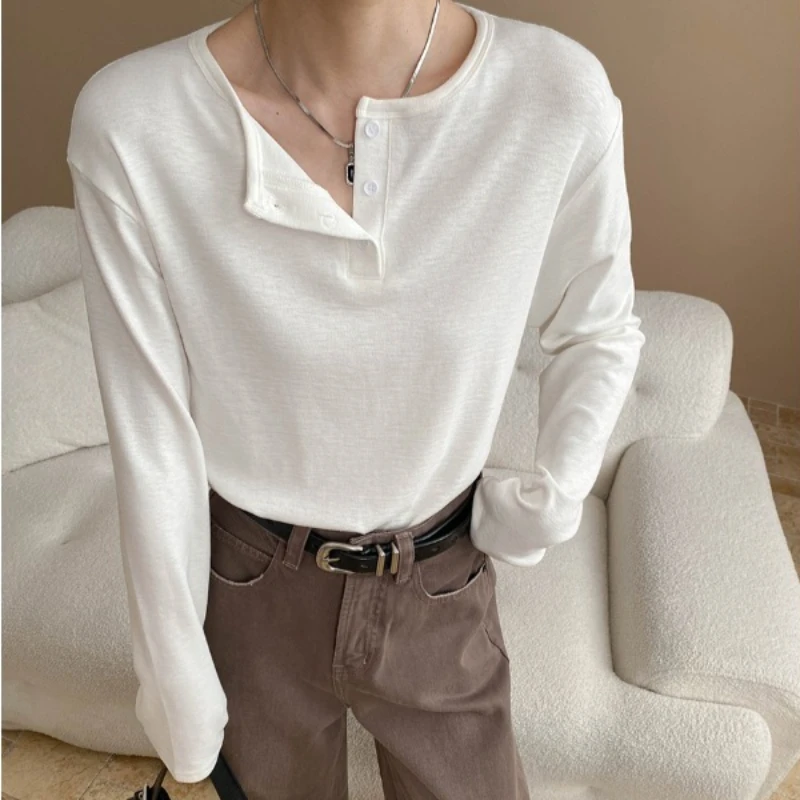 

Women T Shirts Tops Solid Tees Button Round Neck Long Sleeves Slight Strech Loose Fit Casual Office Lady 2025 Spring Autumn