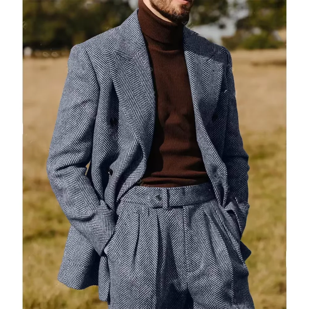 Herringbone Men's Suit 2 Pieces Set Fashion Lapel Double Breasted Tuxedos Groom Blazer Pants Party Business Tailored Hot Sell