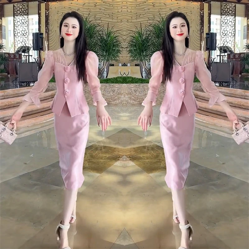 

Fashion suit skirt for spring summer 2025 new flared sleeve V-neck three-dimensional flower top+skirt Two Piece Sets