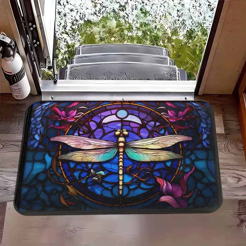 VIKAMA Retro Painted Glass Dragonfly Flower Entry Mat, Non-Slip Door Rug for Bathroom & Entryway, Vintage Art Decor