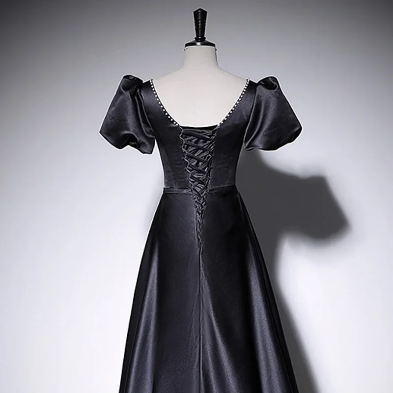 Customized Evening Dress Black Satin Beads V-Neck Short Sleeves Floor Length Lace Up A-Line Plus Size Women party Formal Gowns