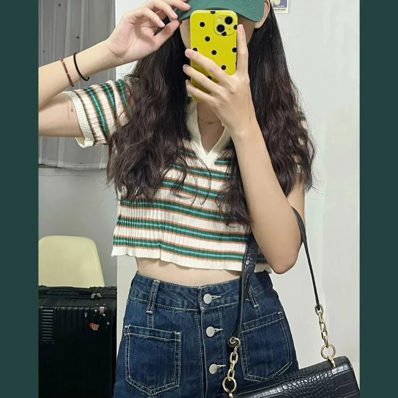 Coordinates Female Preppy Hottie Striped Knitted Short Sleeve Shirt Design Sense Women Denim Skirtsoffice Lady All-match