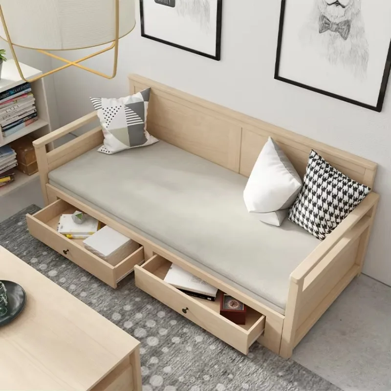 Sofá Cama de Madera, Sofá Cama Extraíble con 2 Cajones, Cama Plegable para el Día, Muebles para Sala de Estar