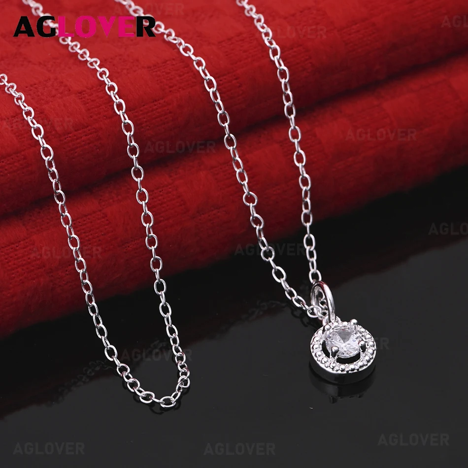

AGLOVER 925 Sterling Silver Round Zircon Pendant Necklace Women's Exquisite Cute Wedding Party Jewelry