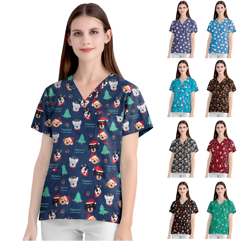 Elastic Teeth Dental Christmas Cartoon Pattern Short Sleeved Women's V-Neck Printed Top Nurse Uniform