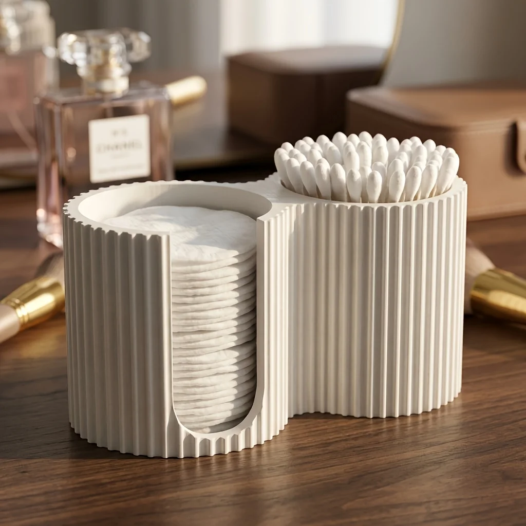 1 Creative 3D-Printed Cotton Swab Holder, Minimalist Striped Beauty Storage Box, Two-In-One Bathroom Cotton Swab Box, Bathroom Countertop Organizer, Bedroom Vanity High-Aesthetic Decoration, Mother's Day Gift for Girls, Modern Cream-Style New Home Housewarming Gift