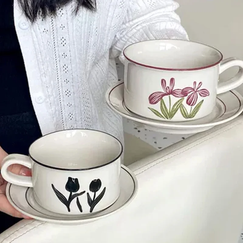 

Medieval Ceramic Coffee Cup Saucer Brown Anemone Hand-Painted Latte Cup Vintage French Afternoon Tea Cup Saucer Set Creative