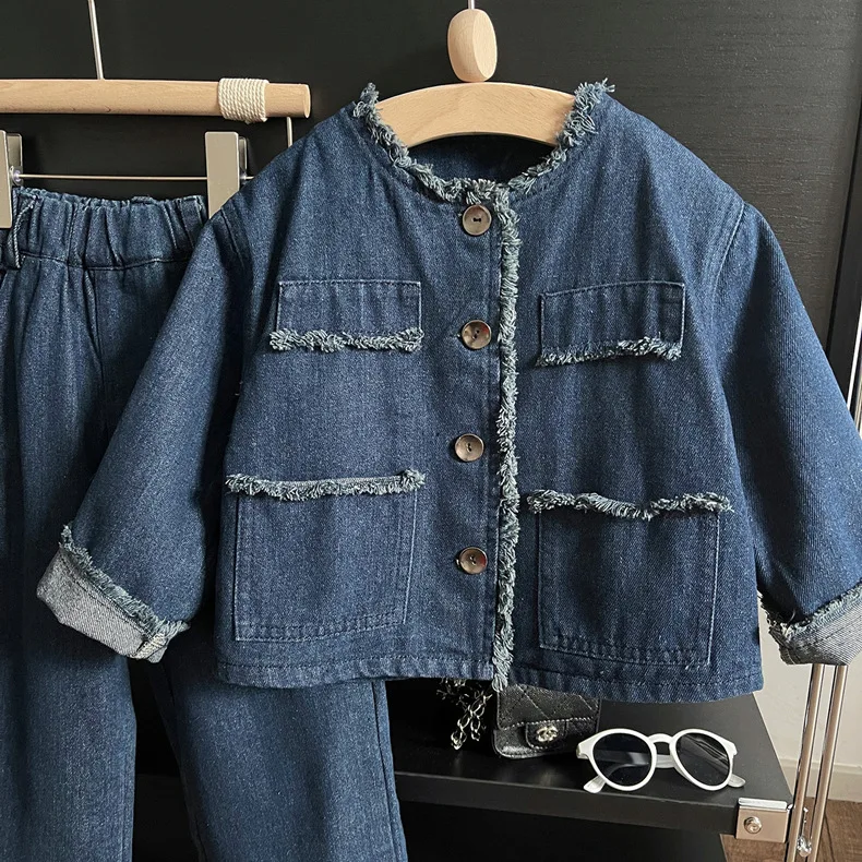 Girl Suit 2023 New Spring Autumn Korean Fashion Style Denim Suit Baby Girl Jean Jacket Hairy Wide Leg Jeans Two Piece Suit