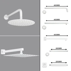 Bathroom Overhead Wall Ceiling Mounted Shower Arm Top Head Ultra Thin Matt White Rainfall Sprinkler Spar Big Square Round Oval