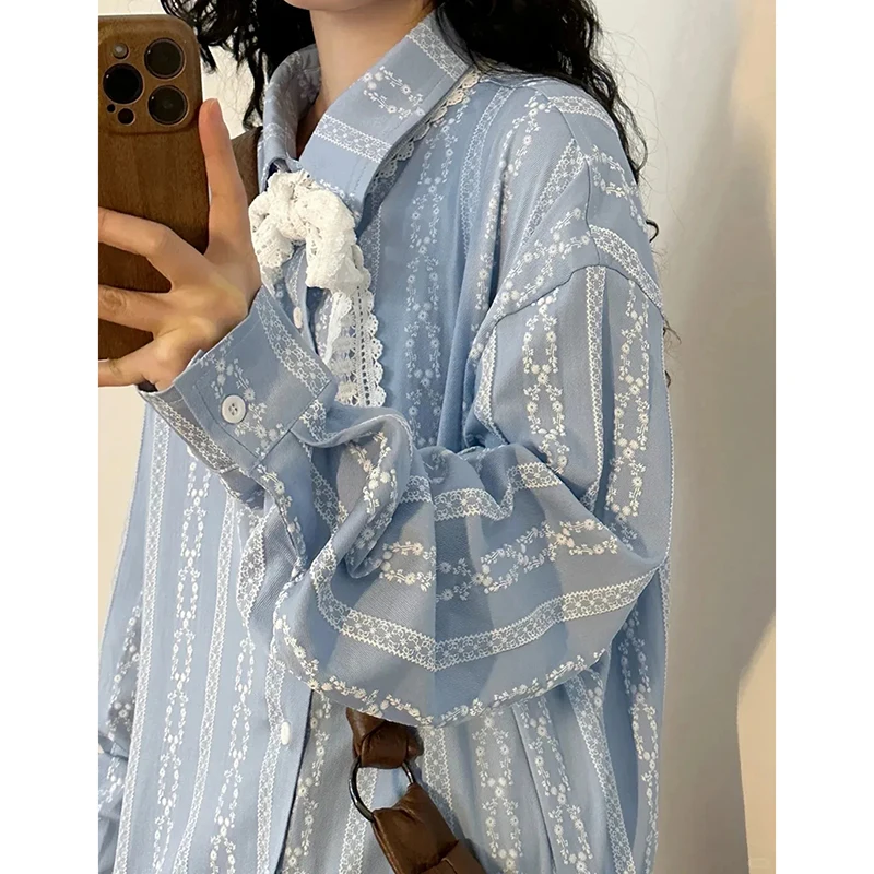 

Lace Patchwork Blue Shirt Women Long Sleeve Sweet Bow Tie Blouse Korean Fashion Preppy Style Harajuku Y2K Spring Fall Top